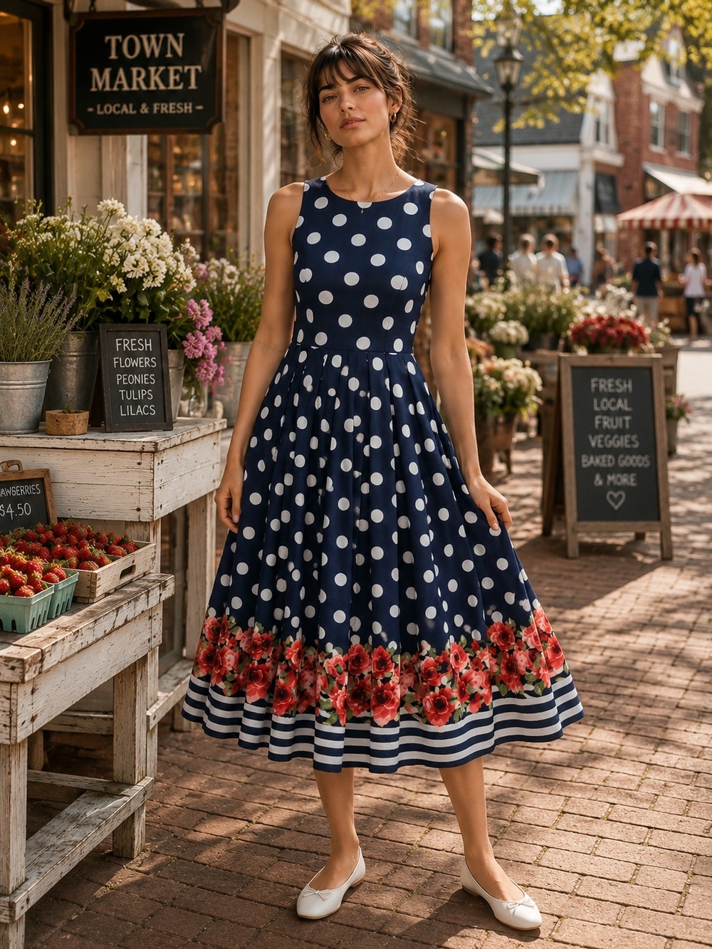 HAANI Petite M Navy Polka Dot Floral Border Fit & Flare Midi Dress